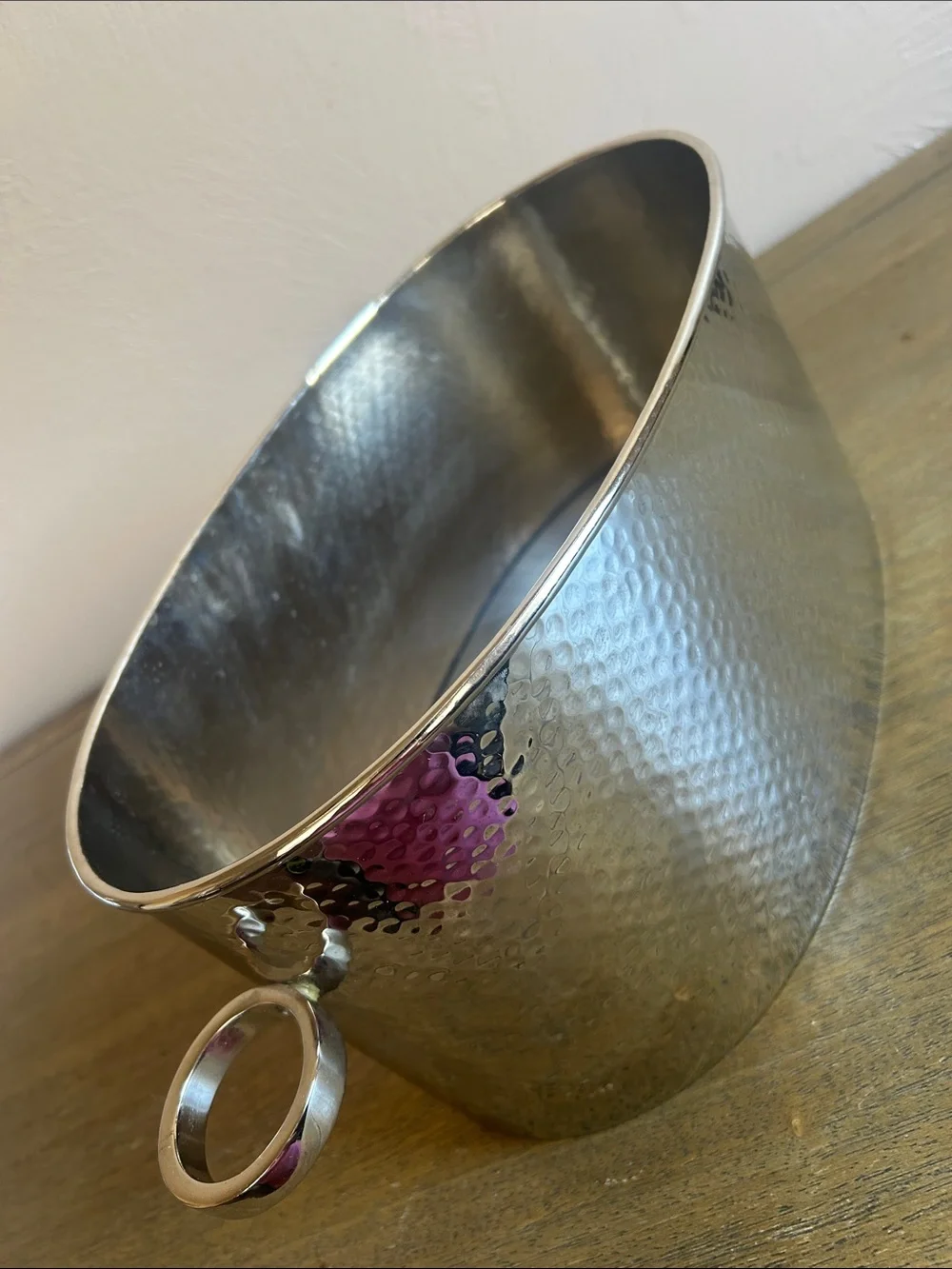 Pottery Barn Home Bar Hammered Stainless Steel Ice Bucket with Ring Handles.